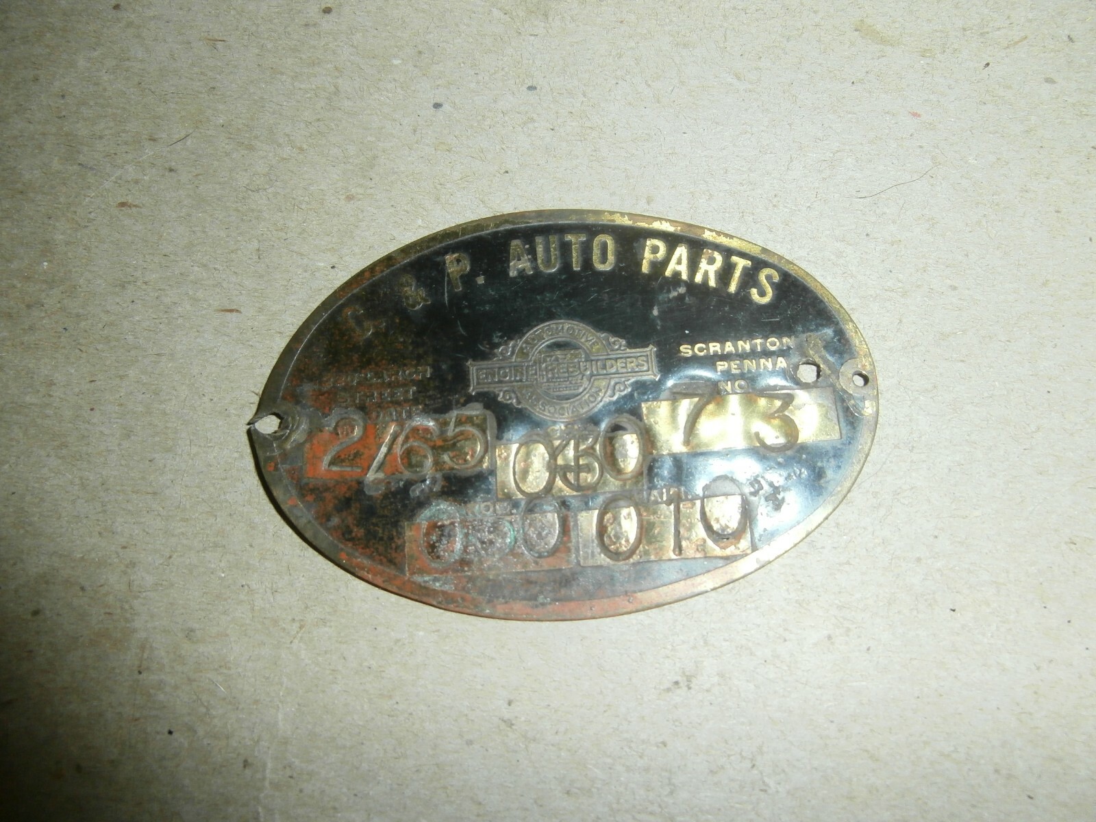 Vintage 1965 Car Engine Brass Tag Plate C & P Auto Parts Scranton PA eBay