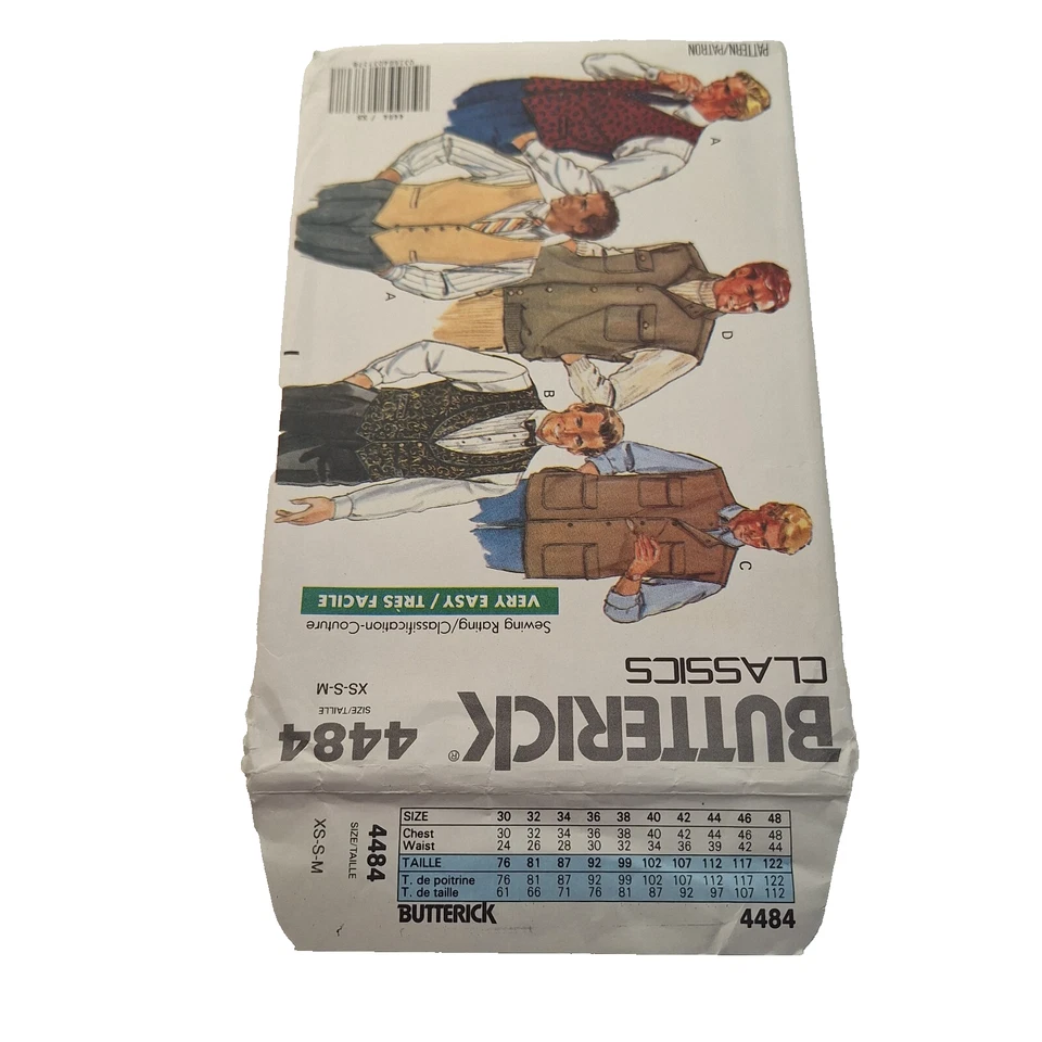 Butterick 4484 Mens Loose Fitting Vest Fishing Sz XS-M VTG 80s Pattern UC FF - Image 3 of 4