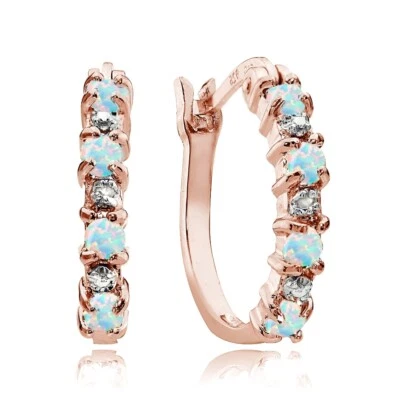 Or Rose Ton Sur Argent Massif Blanc Opale & Diamant Accent Boucle D'Oreilles - Photo 1/4
