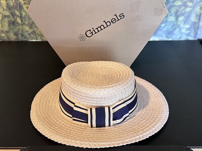 VTG Gimbels 1950 Straw Boater Hat Woven Spectator Striped Ribbon Sz 7 Union Made