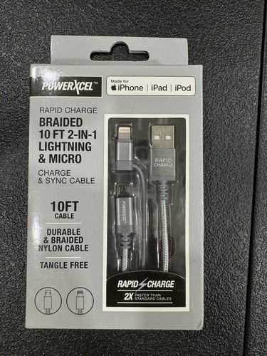 PowerXcel Braided 10 Ft. 2 in 1 8 Pin Connector & Micro USB Charge & Sync Cable - Picture 1 of 2