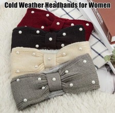 Winter Plush Fleece Knit Headbands for Women 4 pieces Elastic Bow Pearl Headwear