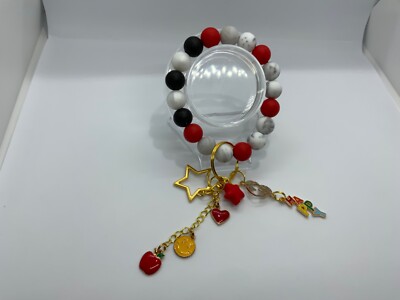 KEYCHAIN GRAY RED BLACK WHITE HEART APPLE SMILE HAPPY TEACHER SILICONE BRACELET