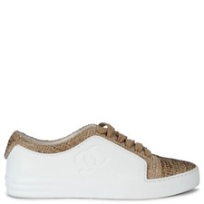 70804 auth CHANEL white leather  gold TWEED 17A COSMOPOLITE Sneakers Shoes 36.5