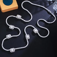 White Gold Plated CZ Baguette Shaped Crystal Costume Long Sweater Chain Necklace