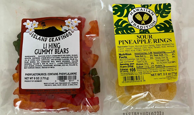 ISLAND CRAVINGS ''LI HING GUMMY BEARS (6 0Z)  + SOUR PINEAPPLE RINGS (2.5 OZ)''