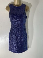 Womens New Look Uk 8 Blue Sequin Front Sleeveless Stretch Party Bodycon Dress