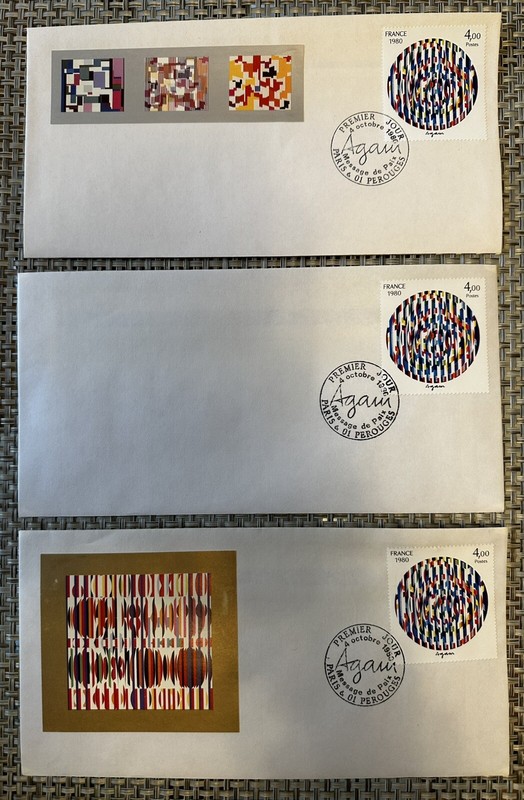 THREE DIFFERENT 1980 YAACOV AGAM FRANCE FDC ENVELOPES, BRAND NEW