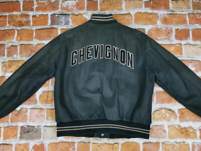 Chevignon Vintage Leather Jacket RUNDBOGEN Army Green Casual Size 
