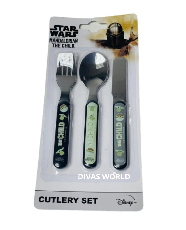Disney Star Wars Set Posate 3 Pz Mandalorian Il Bambino Cucchiaio e Forchetta e Coltello