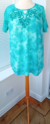 NEW ULLA POPKEN GREEN TIE DYE Embroidered Batik Print Top - UK Plus 28/30