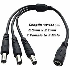 1 to 3 Power Splitter with 5.5mm x 2.1mm ends, 1 female input, 3 male output