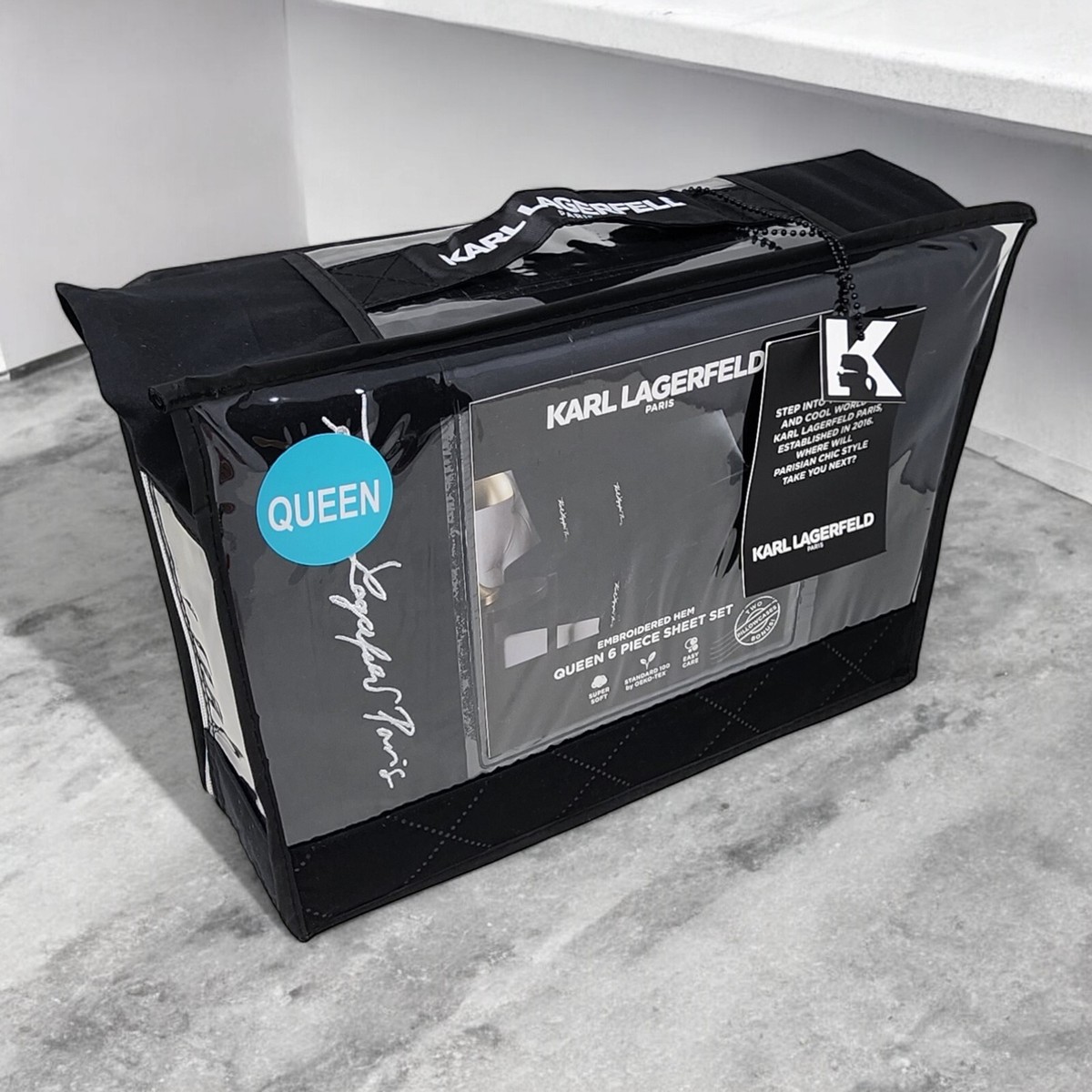 Karl Lagerfeld Paris Black Sheet Set 6pc Queen Size Embroidered