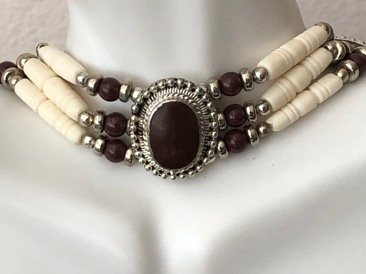 Buffalo Bone Choker Native American Tribal Necklace Beaded Brown