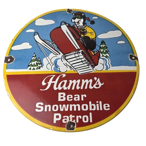 Vintage Hamms Beer Sign - Alcohol Breweriana Bear Patrol Gas Pump Porcelain Sign