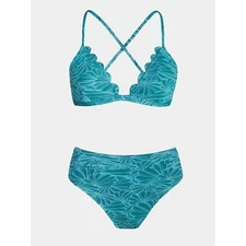 Cupshe Teal Floral Textured Scallop Tie Back High Waisted Bikini Swimsuit