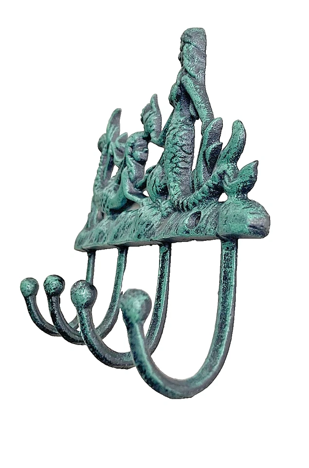 Mermaids Wall Hook Rack Cast Iron Nautical Key Towel Coat Hanger 8.5" W Sea Gift - Image 4 of 4