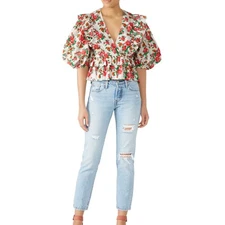 Rhode Elodie Blouse Top White Pink Floral Ruffle Peplum Crop Puff Sleeve Size XS