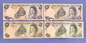 4 Cayman Islands Currency Board Banknotes 1974- 2x $1 + 2x $5 Queen Elizabeth