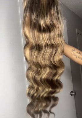 Human wig 28 inch 13x6 Women s Long Wavy Wig Dark Brown with Golden Blonde