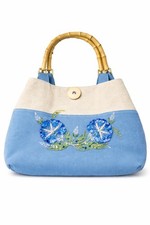 Vintage Canvas Handbag Bamboo Handles Beaded Morning Glory Floral Small-Medium