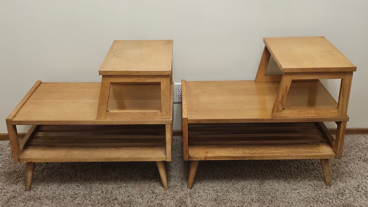 Vtg Mid Century Modern MERSMAN 7506 Blonde Step Up End Tables RARE
