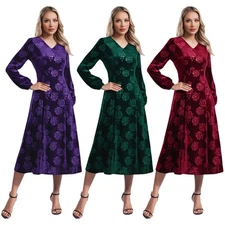 Women Vintage Retro V Neck Skirt Jacquard Long Sleeve Frock Evening Dress