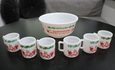 Hazel Atlas Punch Bowl Set Tom and Jerry Auld Lang Syne 1940s XLT Cond 6 cups