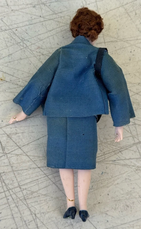 Vintage Dollhouse Miniature Doll Working Lady Blue Dress Hard Material 5" Wealth - Image 4 of 4