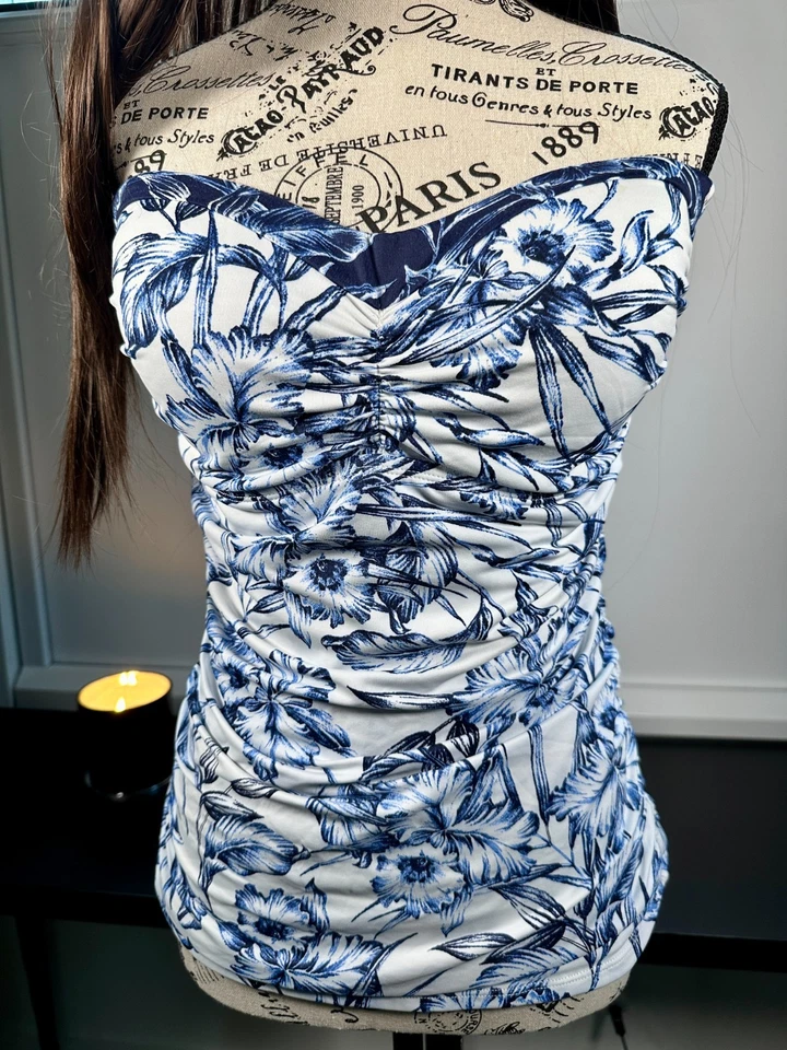 Tommy Bahama SwimSuit Top LG Ruched Floral ParisPrint Blue White Spaghetti Strap - Image 2 of 4
