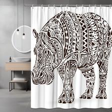 Tribal Rhino Shower Curtain Brown and White Graphic