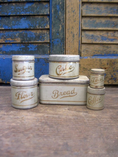 Child's Toy Early Antique Tin Canister Set with Cake & Bread Boxes White w Gold