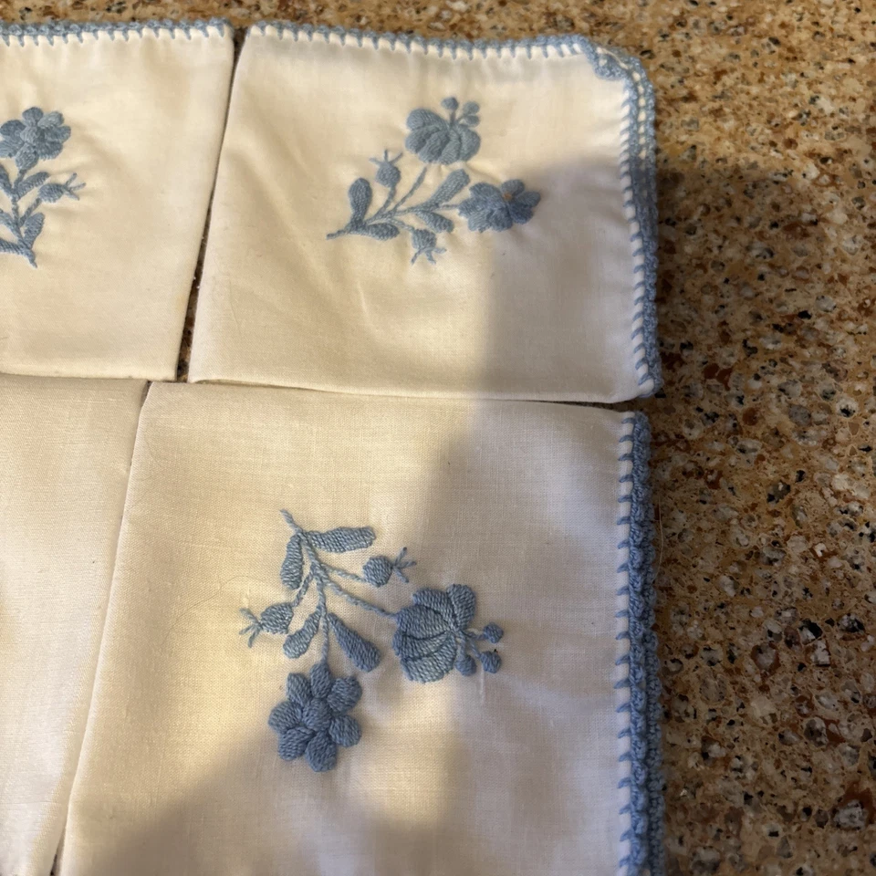 Pañuelo Vintage Algodón Pañuelos Azul Crochet Bordado Flores Juego de 4 Foto 4 de 4