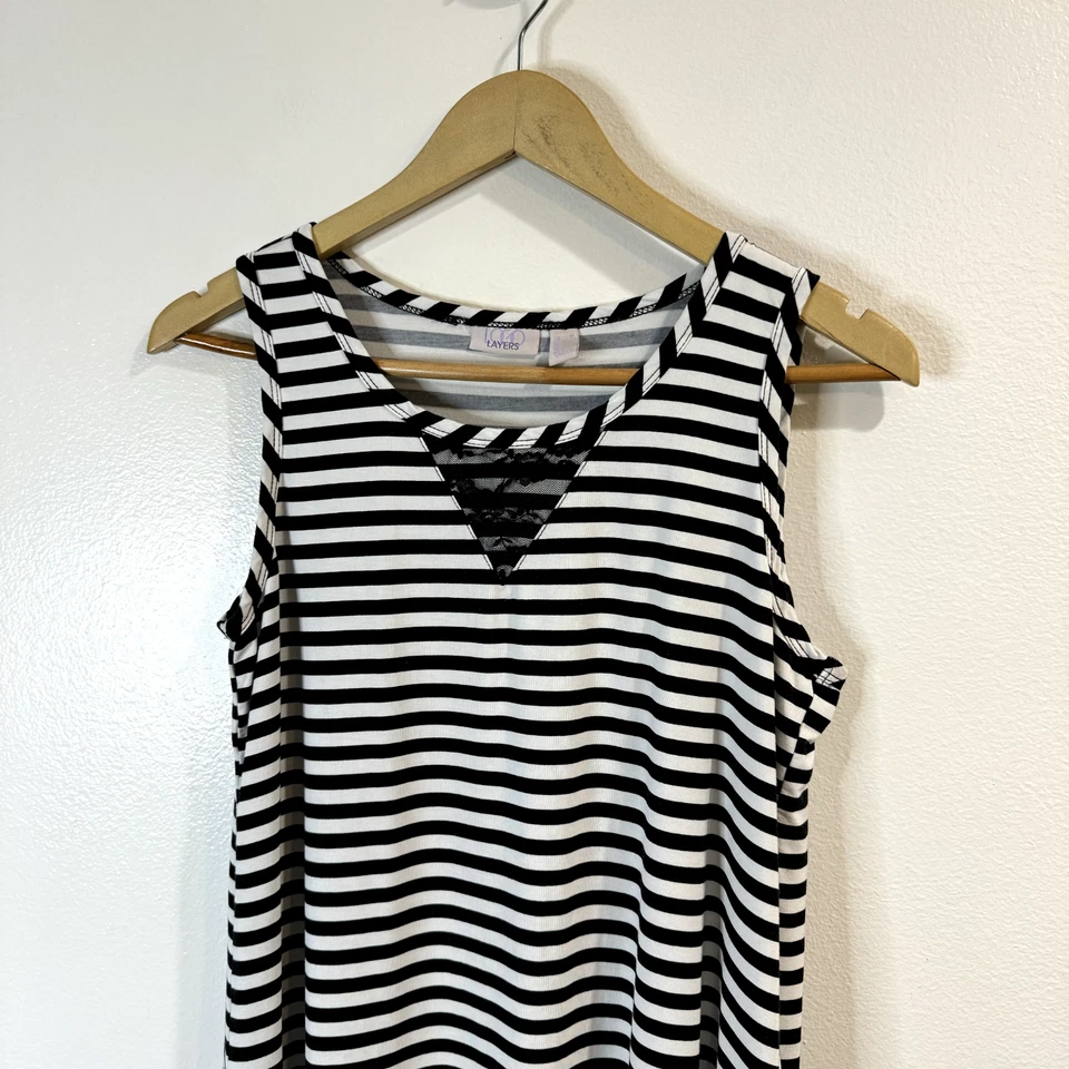 Camiseta sin mangas túnica LOGO Lori Goldstein M negra blanca a rayas jersey encaje elástico Foto 2 de 4