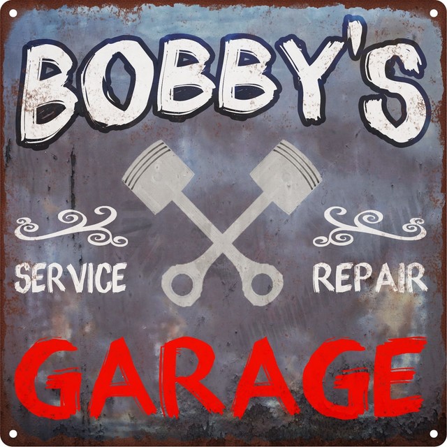 Bobby's Garage Shop Rust Man Cave Shop Gift Home Decor 12x12 Metal Sign