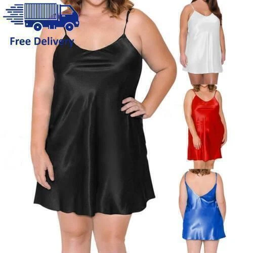 Plus Size Women Sexy Lingerie Satin Silk Slip Dress Babydoll
