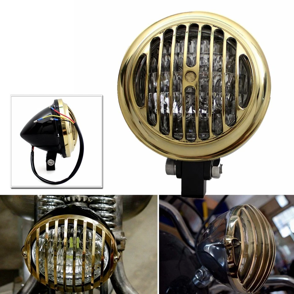 Lámpara retro aluminio aletas parrilla latón cubierta faro para Harley Bobber Dyna Foto 2 de 4