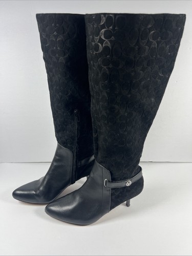 COACH Fara Black Leather & Suede Knee High Boots Logo Women’s 8.5 B - Picture 2 of 16