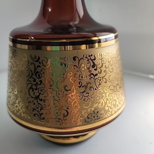 Vtg MCM Amber Glass Decanter Bohemian Crystal Gold Etched Stopper 13" - Picture 3 of 13