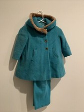 Vintage 1950s Aqua Wool Children's Winter Snowsuit Jacket Pants Lined Hood Warm