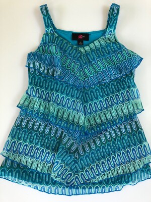 IZ Byer Girls S(7/8) Shoulder Strap Dressy Top Blues/Greens Ruffled Front. 