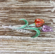 VINTAGE ENAMEL FLOWER MARCASITE FINE SILVER 835 BROOCH PIN EUROPEAN RETRO