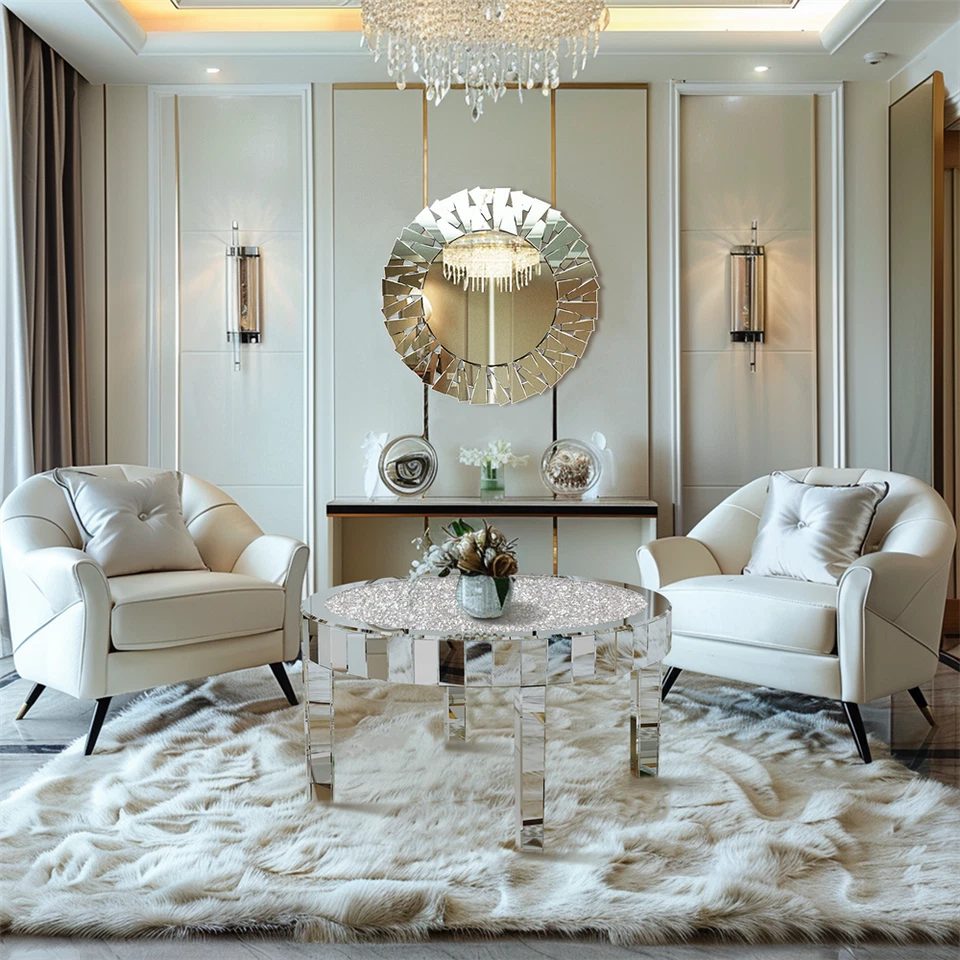 FATIVO Large Round Mirrored Coffee Table Beveled Bling Crushed Diamond End Table - Image 4 of 4