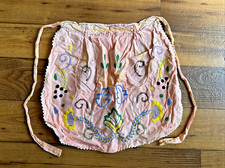 Vintage Granny Core Handmade Floral Embroidered Half Apron Pink Kitchy