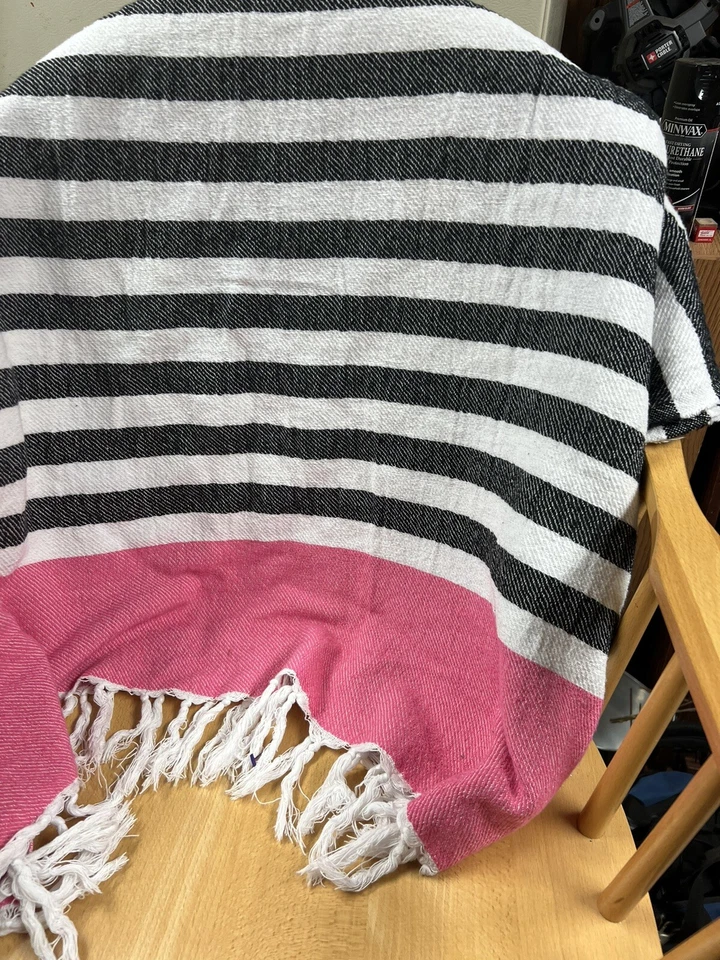 Victoria's Secret Pink Black White Stripe Throw Blanket Towel Fringe 41" x 56" - Image 4 of 4