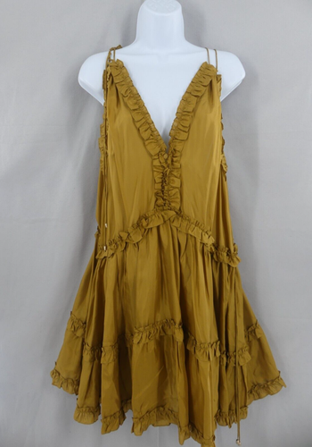 NWT Zimmermann 0 Dress Estelle Mini Draw Frill Deep V-Neck Sheer Silk Olive