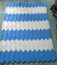 Vintage Handmade Crochet Afghan Blanket Throw 65"x47" Blue White Chevron Zigzag