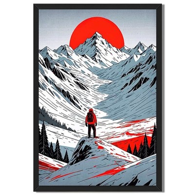 Adventurous Mountain Landscape Framed Canvas Print Red Sun Wall Art