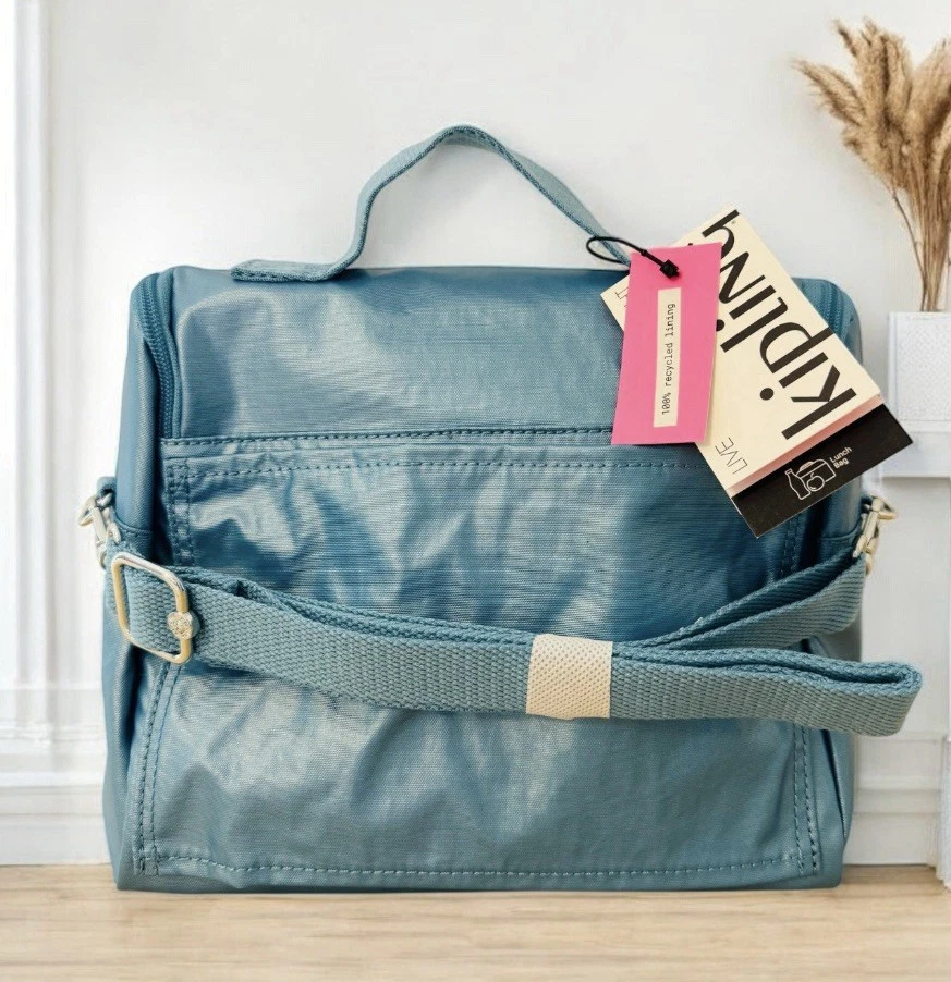 KIPLING Metallic Kichirou Lunch College Food Bag With Monkey Keychain Aqua Tides - Image 4 of 4