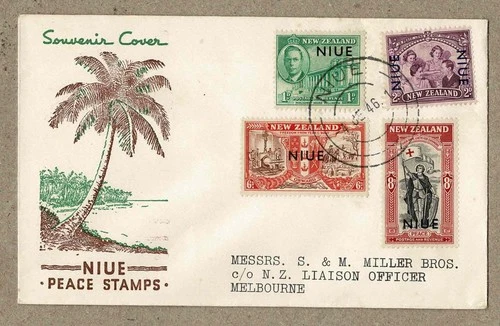 NIUE NZ 1946 Peace FDC Cover to S & M MILLER BROS Australia